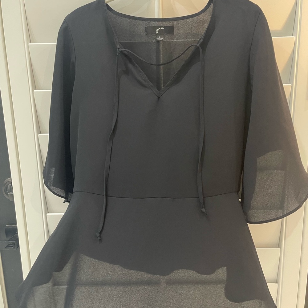 GNW Black‎ Bell Sleeve Blouse with Tie Front